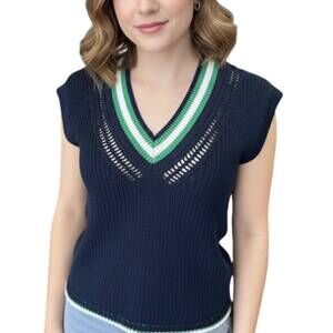 NEW 525 AMERICA varsity crochet v-neck vest in navy